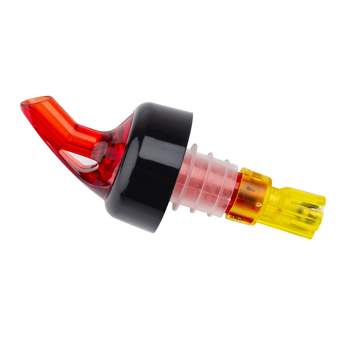 A red, yellow, and black BPA free plastic liquor pour spout with a curved, semi-transparent design and ribbed neck for a Proper Pour. Fits bottle mouths for controlled, angled pouring.