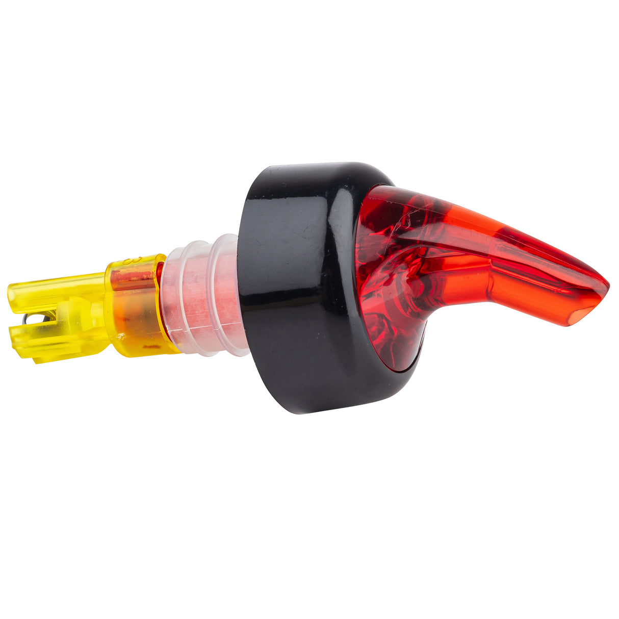 A close-up of a BPA free Proper Pour liquor bottle pour spout with a yellow base, clear midsection, large black collar, and curved red spout. Designed to control liquid flow when pouring 1-1/2 oz. portions. The background is plain white.