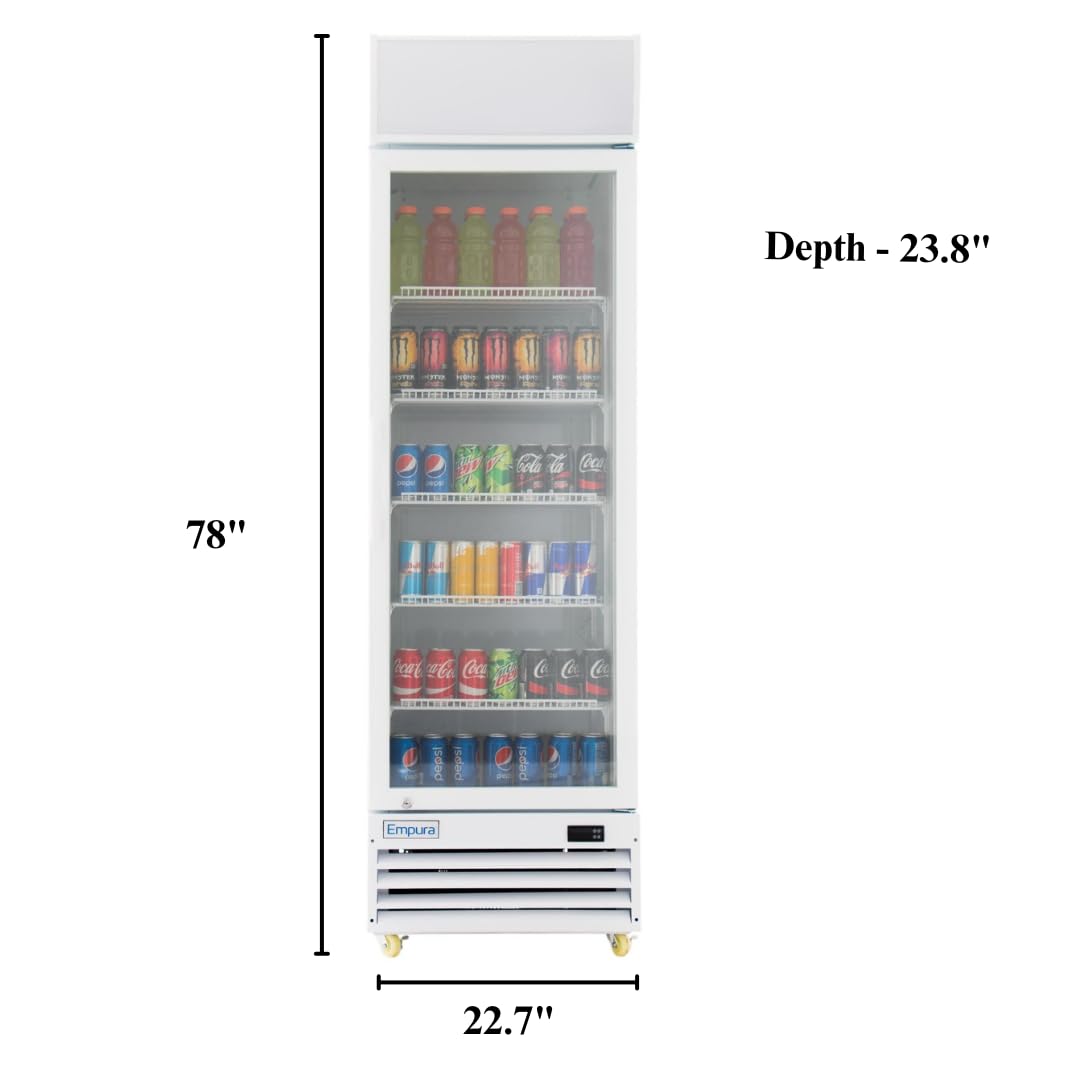 A tall Empura EGM-13W commercial refrigerated merchandiser with a glass front displays sodas, water, and energy drinks on four shelves. Measurements: height 78, width 22.7, depth 23.8. Ideal for showcasing beverages in any setting.