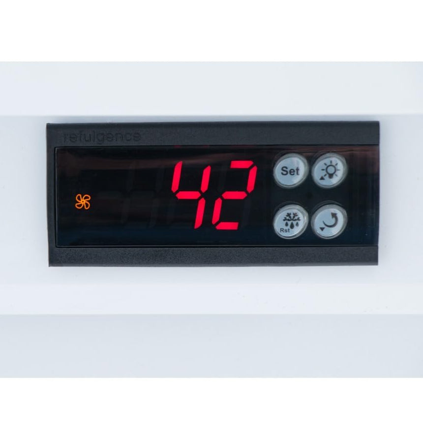 Close-up of a commercial refrigerated merchandiser control panel featuring a red power button and a digital display reading 42. Several round grey buttons labeled Set and icons sit below, ideal for precise foodservice refrigeration management.