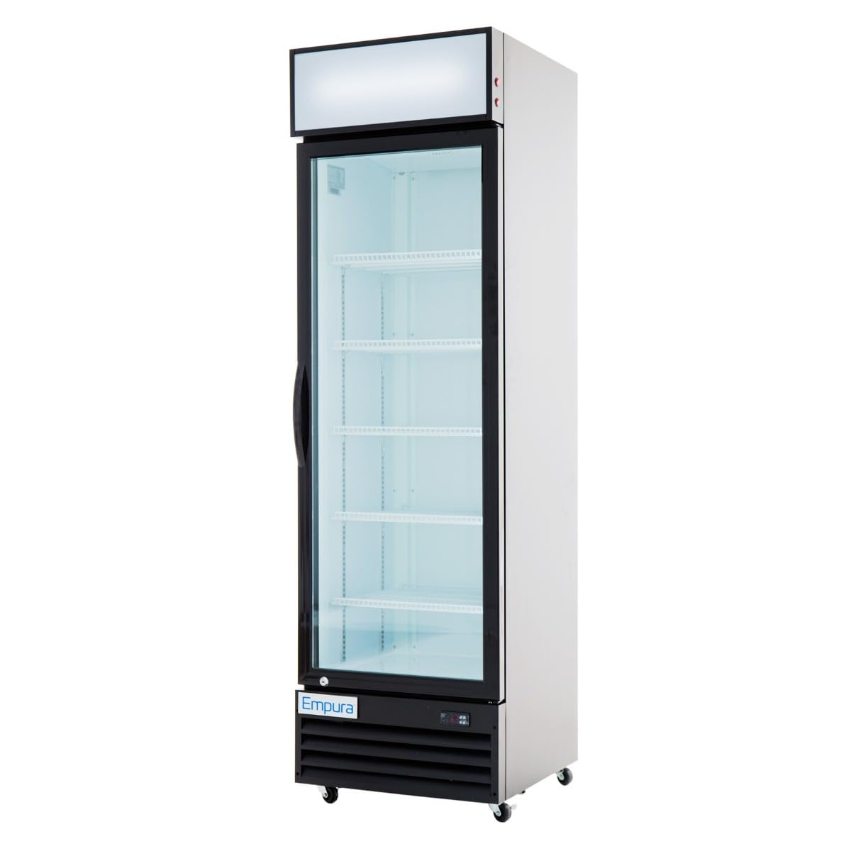 A tall Empura Refrigeration merchandiser with a single Glass Swing Door, clear glass front, white interior, adjustable shelves, and illuminated display panel. The Empura logo is visible on the front, and the unit stands on small wheels.