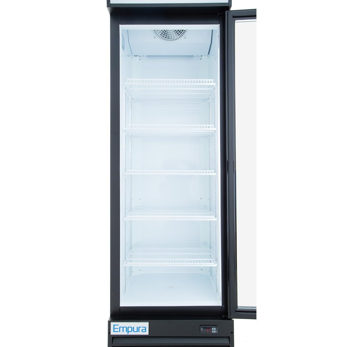 The image shows an empty, upright Empura Refrigeration merchandiser with four white wire shelves, a Glass Swing Door open to the right, and the brand name Empura displayed beside a digital control panel at the bottom.