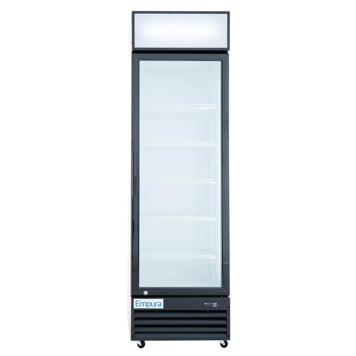 A tall Empura Refrigeration merchandiser with a glass swing door, four wire shelves, black frame, bottom ventilation grilles, caster wheels, and a bright top sign panel. The refrigerated merchandiser proudly displays the Empura brand at the base.