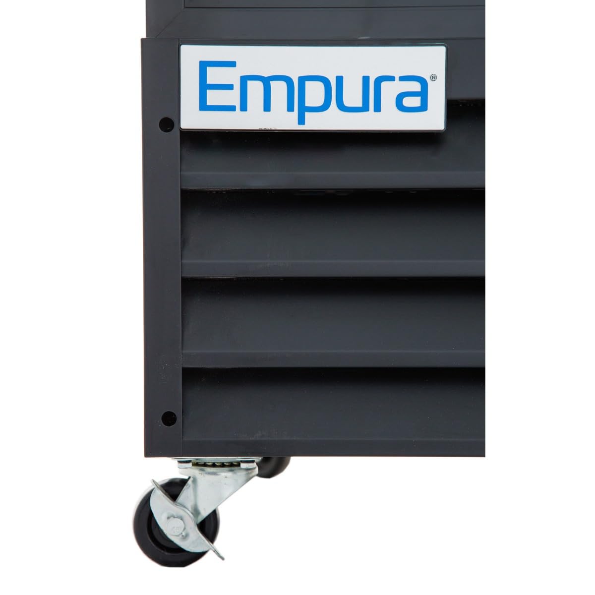 A close-up of the lower corner of a black ventilated Empura Refrigeration cabinet on a caster wheel. A white label with blue Empura branding is visible, focusing on the vented louvres—ideal for any Glass Door Cooler or Refrigerated Merchandiser setup.