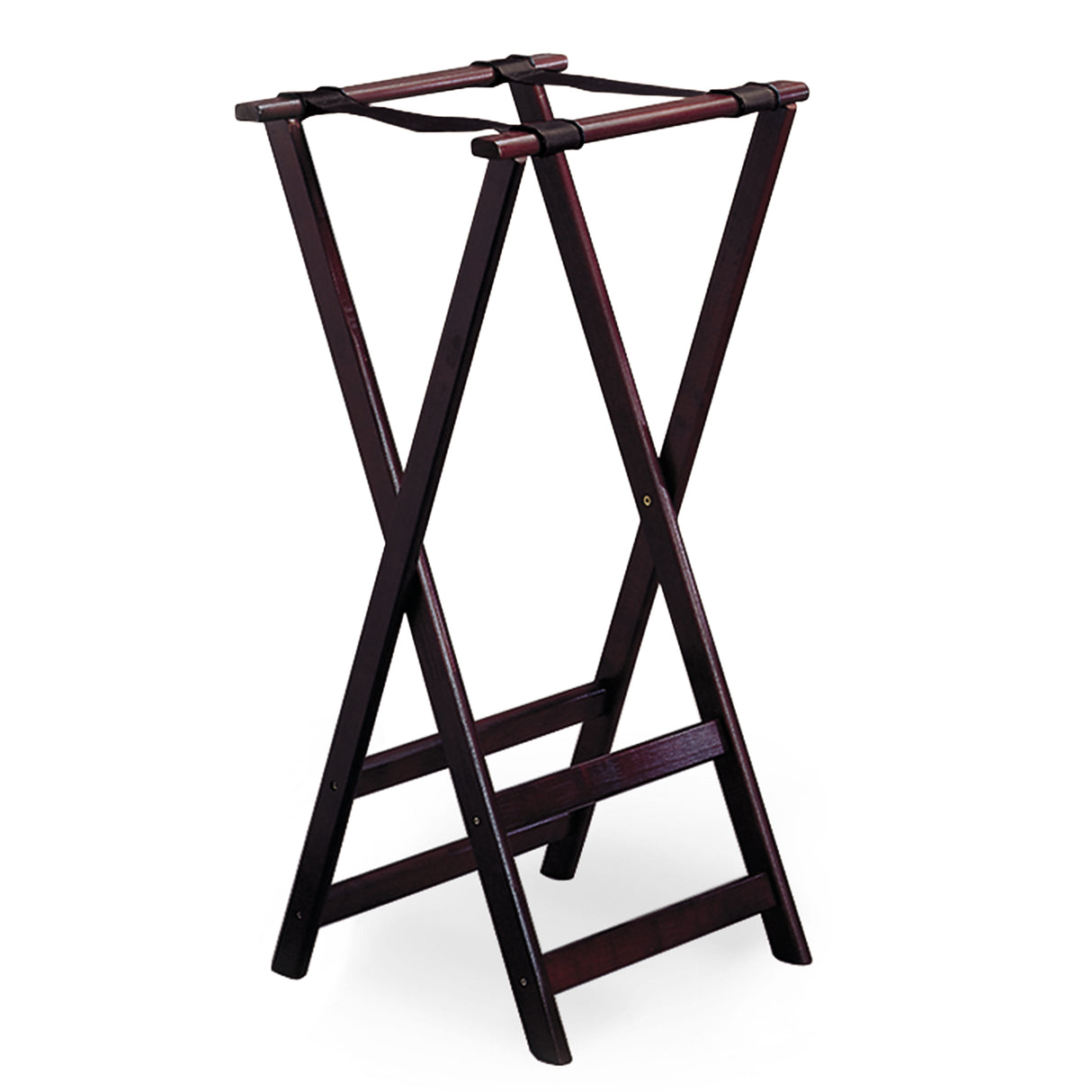 A dark brown wooden luggage rack with a mahogany finish and crossed legs forming an X shape. Two horizontal bars at the bottom connect the legs, while four black straps across the top provide support. Rubber slip-proof feet keep the rack steady as it stands open and empty.