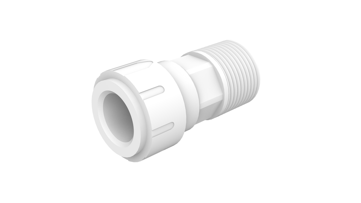 A white plastic Speedfit Male Connector featuring a threaded NPT male end on the right and a smooth, slightly flared plumbing connector with ridges on the left, designed for piping applications, shown on a plain light background.