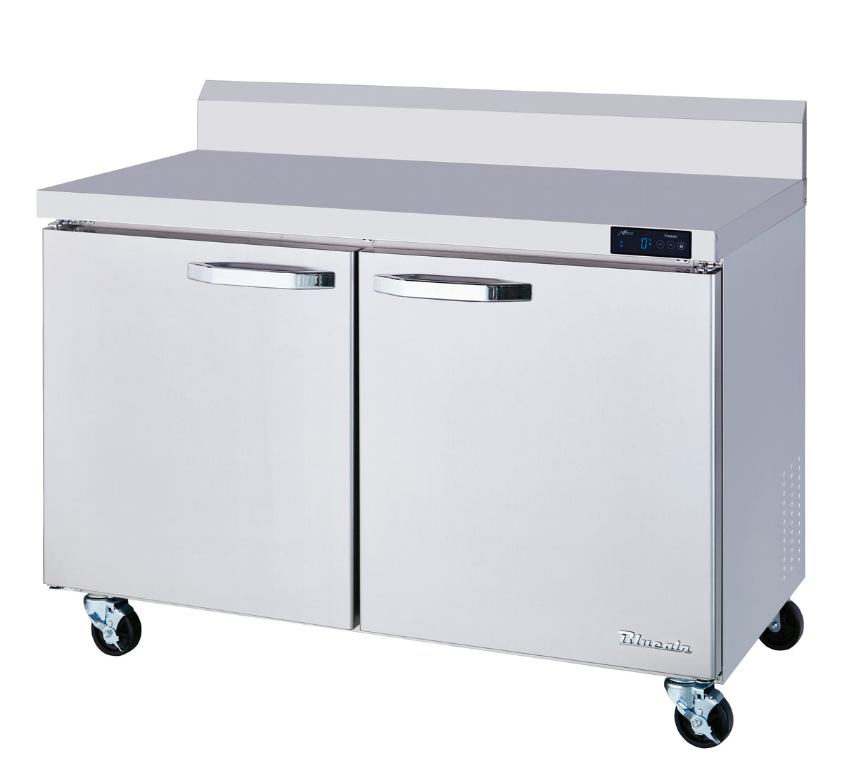 A commercial Work Top Freezer with stainless steel construction features two-section freezer doors, a flat countertop with a raised back edge, four caster wheels, a digital display above the right door, and a manufacturer's logo in the bottom right corner.