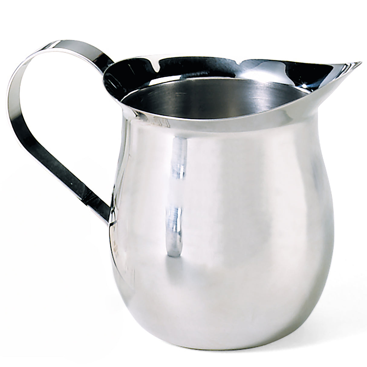 A shiny 5 oz stainless steel bell creamer with a curved spout, wide base, and smooth handle; its reflective surface shows highlights and shadows for a polished, modern look. The jug appears empty and sits against a plain white background.