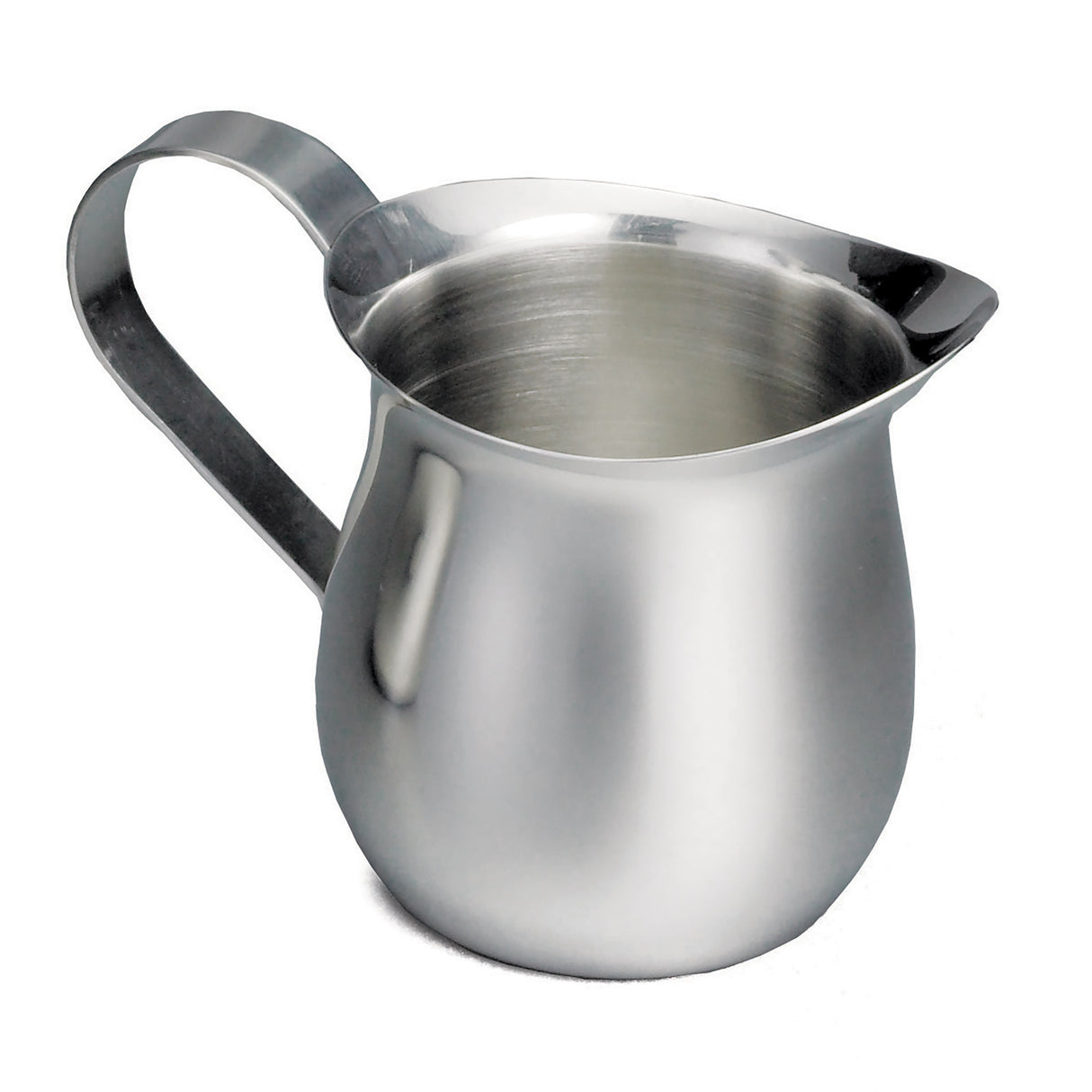 A 5 oz stainless steel bell creamer with a curved handle and small spout. Its smooth, matte surface subtly reflects light. The pitcher sits empty on a white background, slightly angled to reveal the interior and handle.