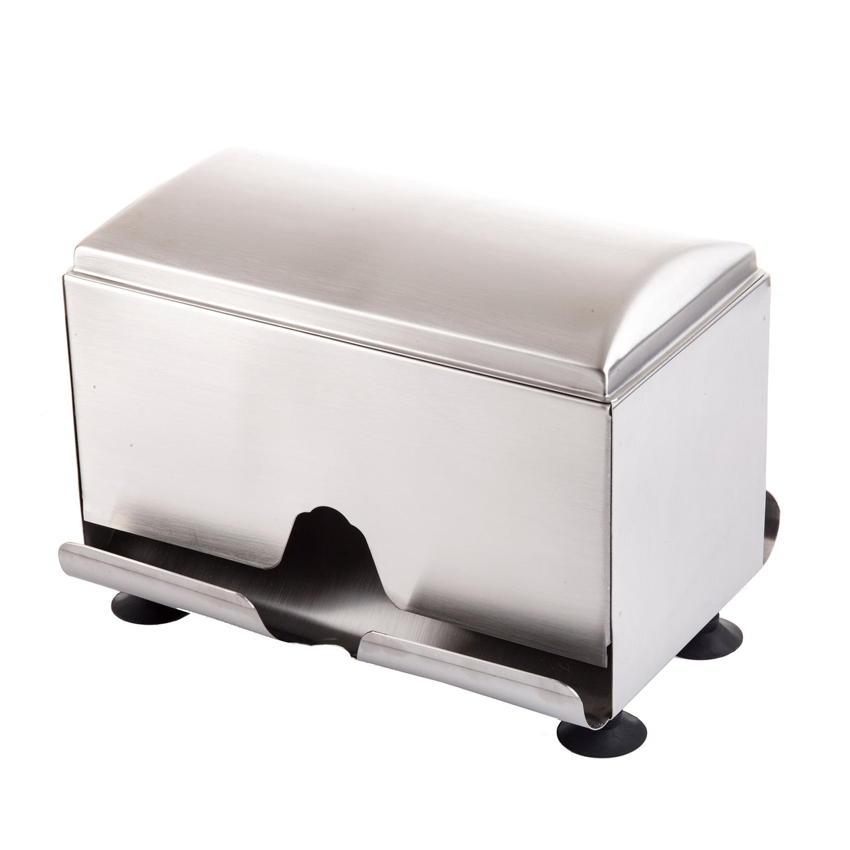 A stainless steel rectangular napkin holder with a curved top and an open front slot for dispensing napkins. The base has four black rubber feet for stability, and the sleek design with smooth edges is dishwasher safe for easy cleaning.