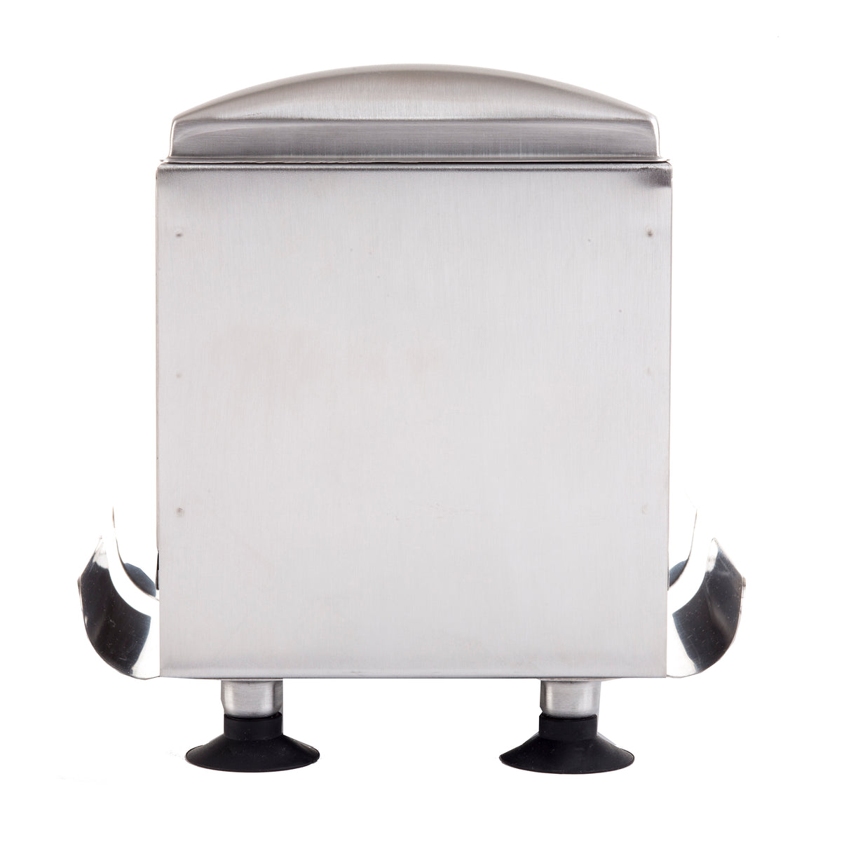 A front view of a stainless steel napkin dispenser with black feet and two curved handles on each side, set against a plain white background. This rectangular, dishwasher safe dispenser features a flat top and slightly rounded corners.
