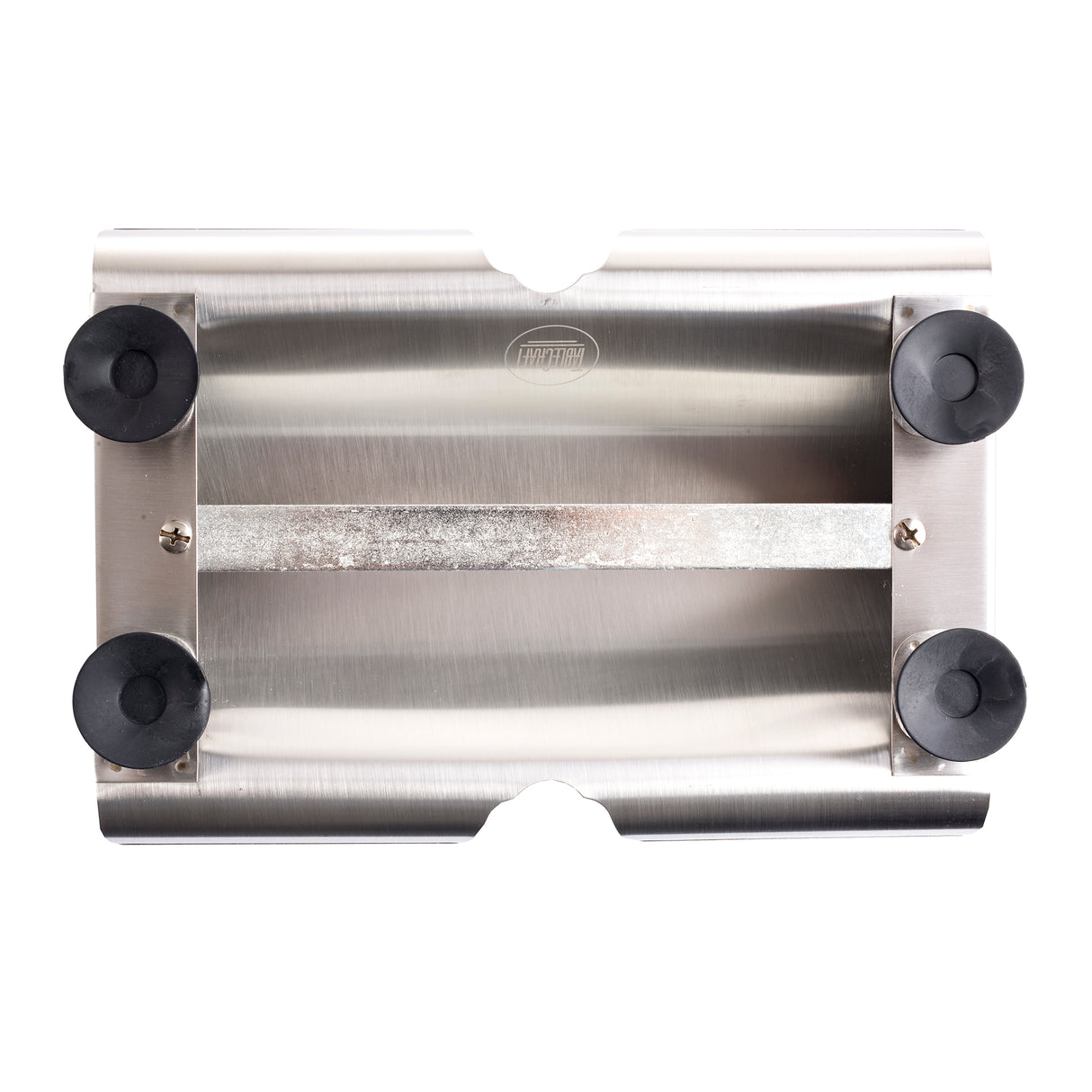 A stainless steel straw dispenser, wall-mounted with four black suction cups at each corner, a central horizontal metal strip, and curved edges. The brushed metal surface is dishwasher safe and photographed on a white background.