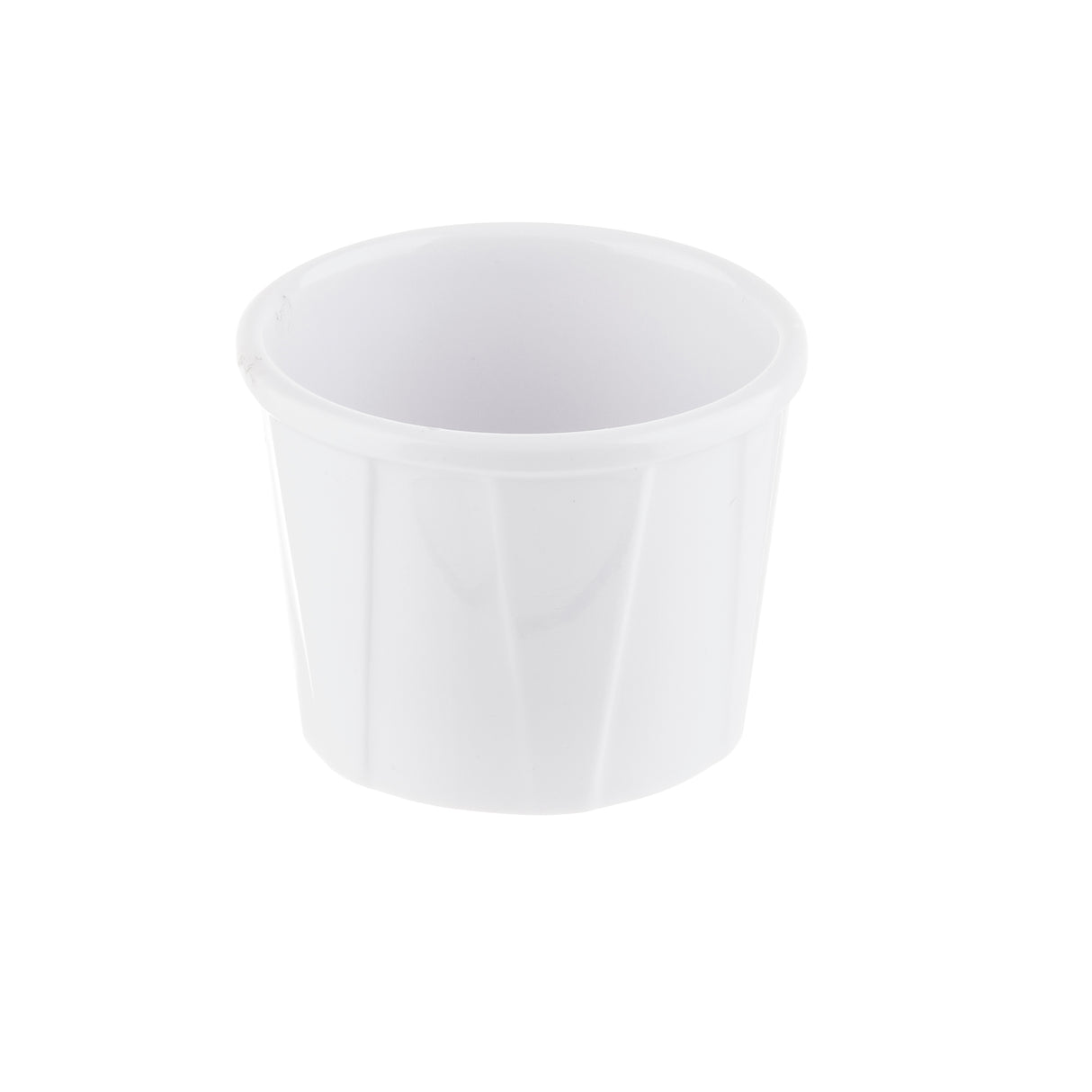 A small, empty, white Soufflé cup on a plain white background. The cup is cylindrical with a slightly flared rim, faint vertical ridges along the sides, and is dishwasher safe for easy cleaning.