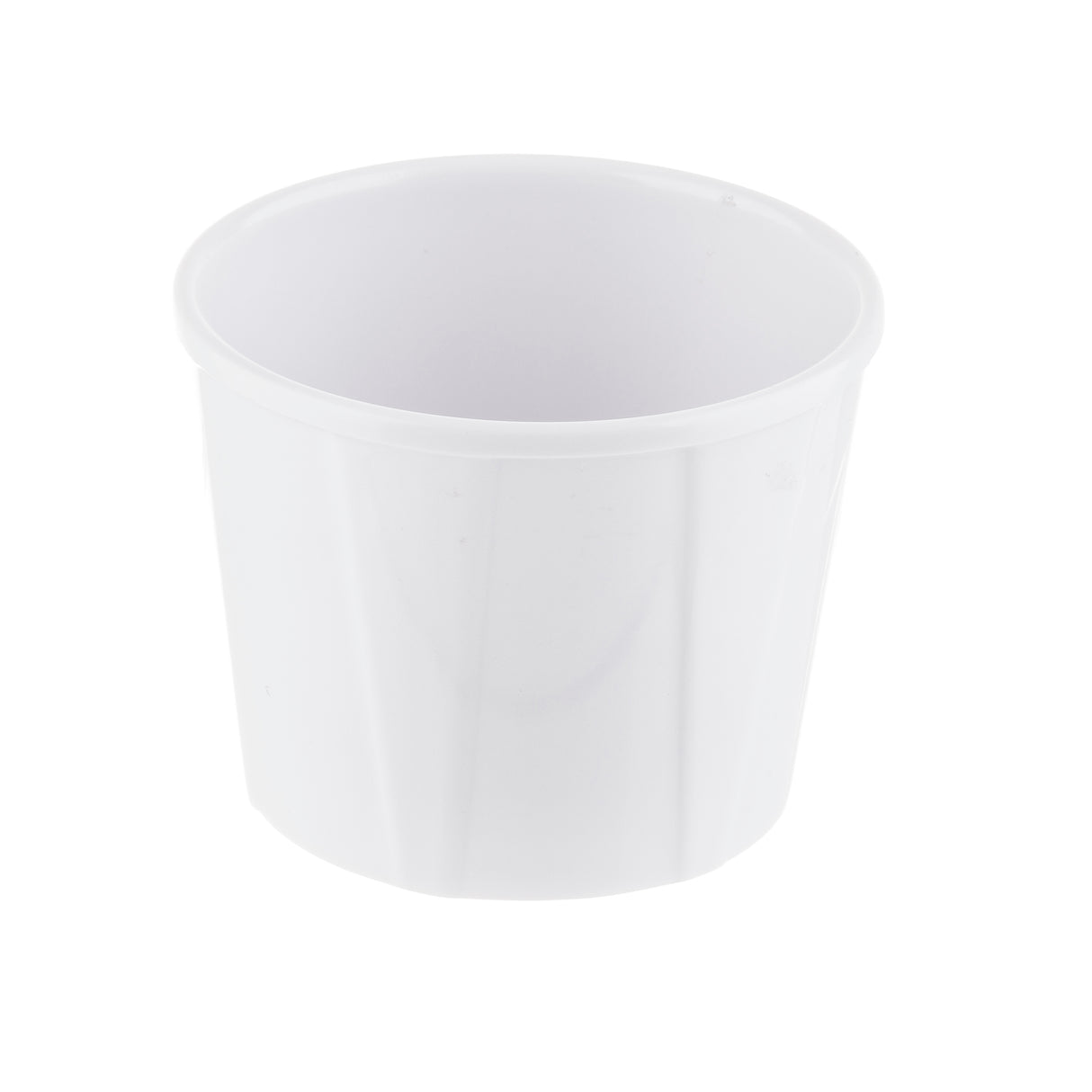 A small, plain, white melamine soufflé cup with smooth sides and a slightly flared rim. The cup is empty, photographed against a white background for a clean, simple look. Durable and dishwasher safe for everyday convenience.