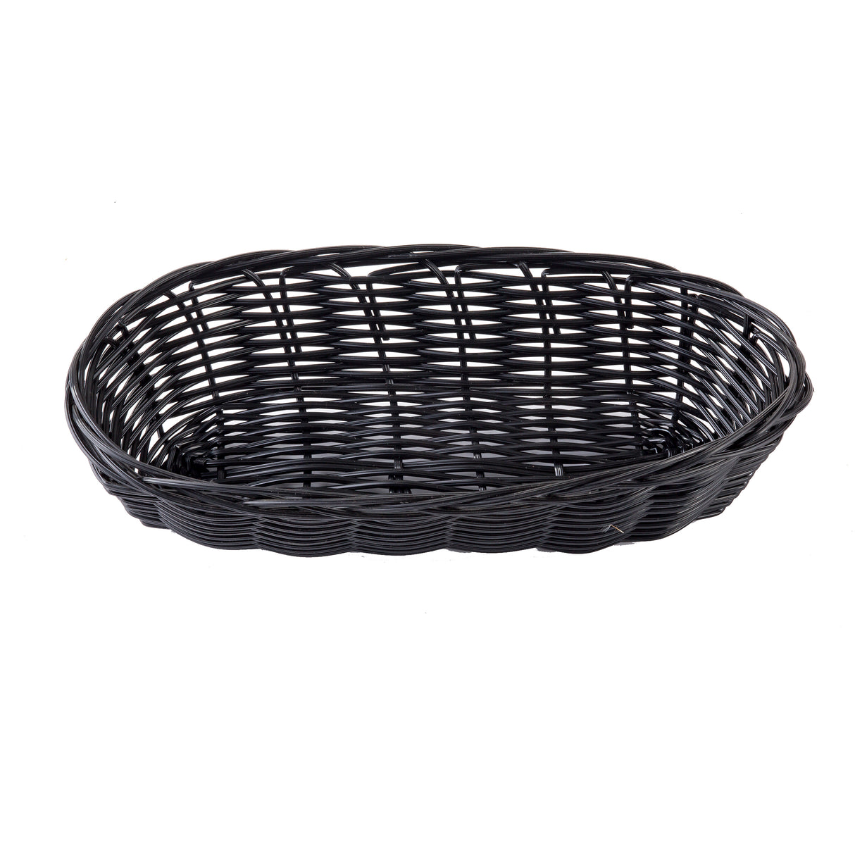 A black, oval-shaped basket hand-woven from polypropylene cord with an open top and sides. The basket features a simple, tight weave pattern and a slightly raised rim, with no handles or contents visible, set against a plain white background.
