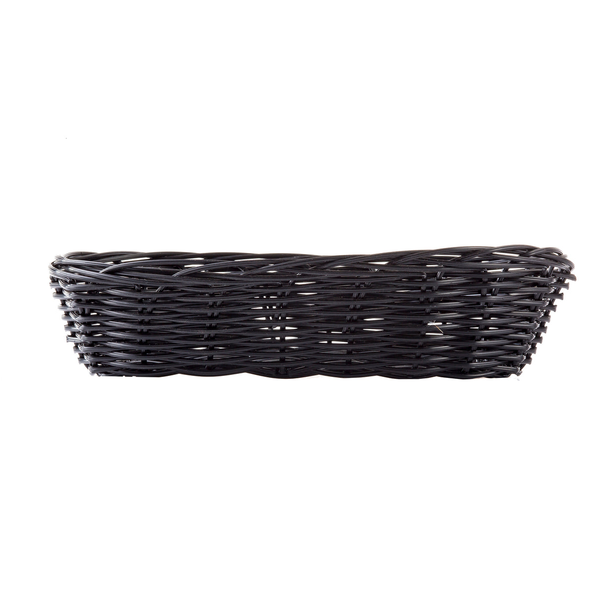 A rectangular, shallow, black hand-woven basket is shown against a plain white background. Crafted from durable polypropylene cord, it features a woven pattern with slightly curved sides and a flat base.