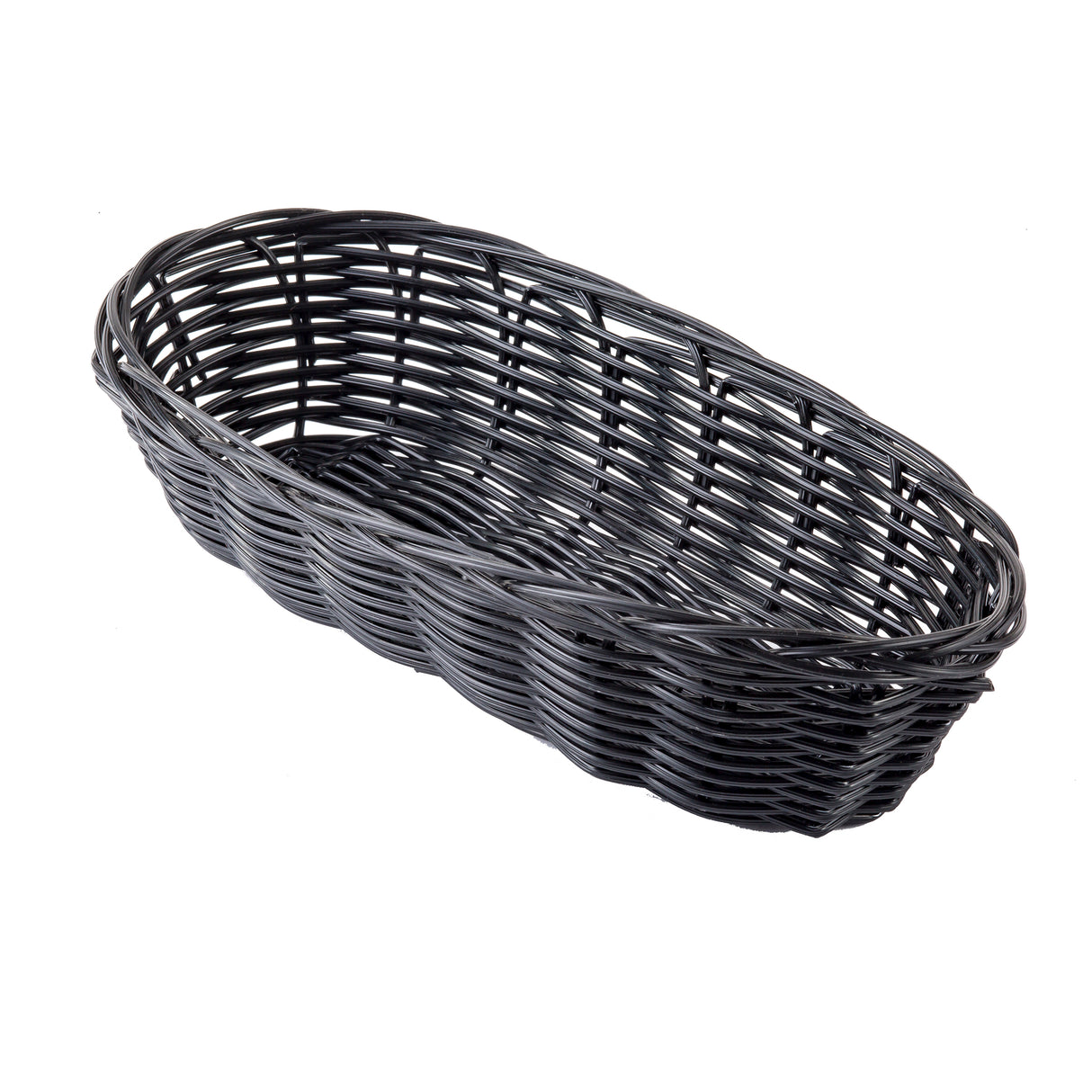 A black, oval-shaped hand-woven basket with an open top, crafted from polypropylene cord. Its woven sides and base are clearly visible against a white background, showcasing its texture and detailed weaving pattern.