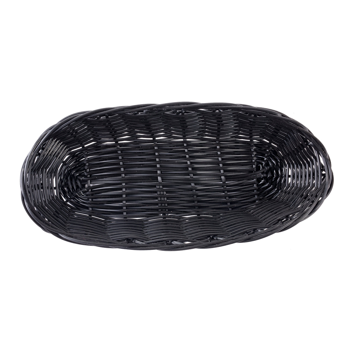 A black, oval-shaped hand-woven basket is shown from above. Made from polypropylene cord, it features a tight, uniform weave with a slightly raised, curved edge and open lattice pattern, giving it a sturdy yet airy appearance against a plain white background.