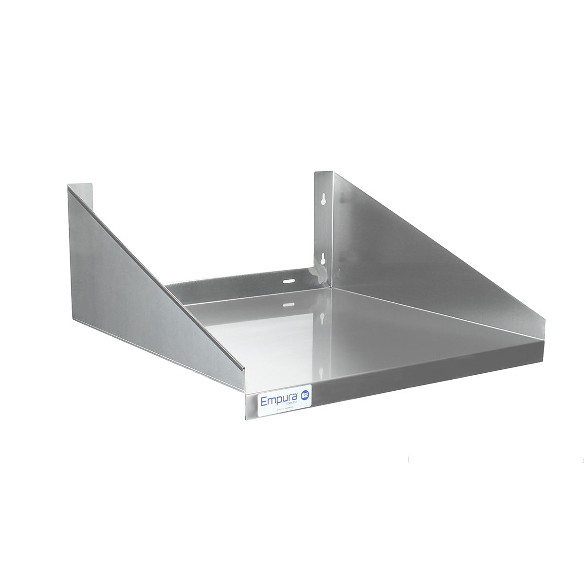A stainless steel wall-mounted shelf with NSF certification, featuring two angled side supports and a flat rectangular base. The brushed metal Wall Mount Microwave Shelf has an Empura label on the front and holes for mounting on the back panel. Plain white background.
