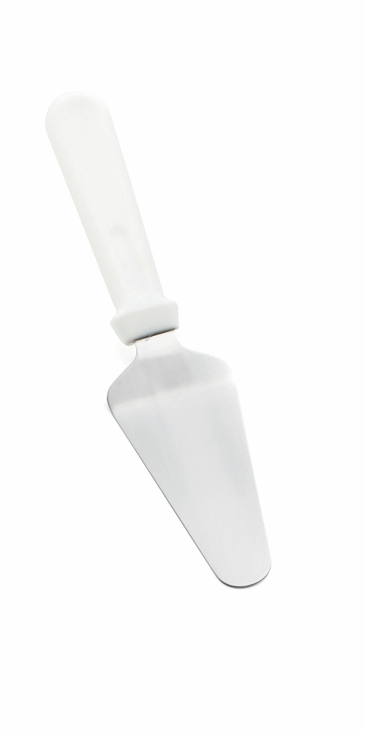 A Pie Server with a stainless steel blade and white plastic handle, photographed on a plain white background. The triangular, flat blade is slightly angled for lifting and serving slices of cake or pie, and it's dishwasher safe for easy cleaning.
