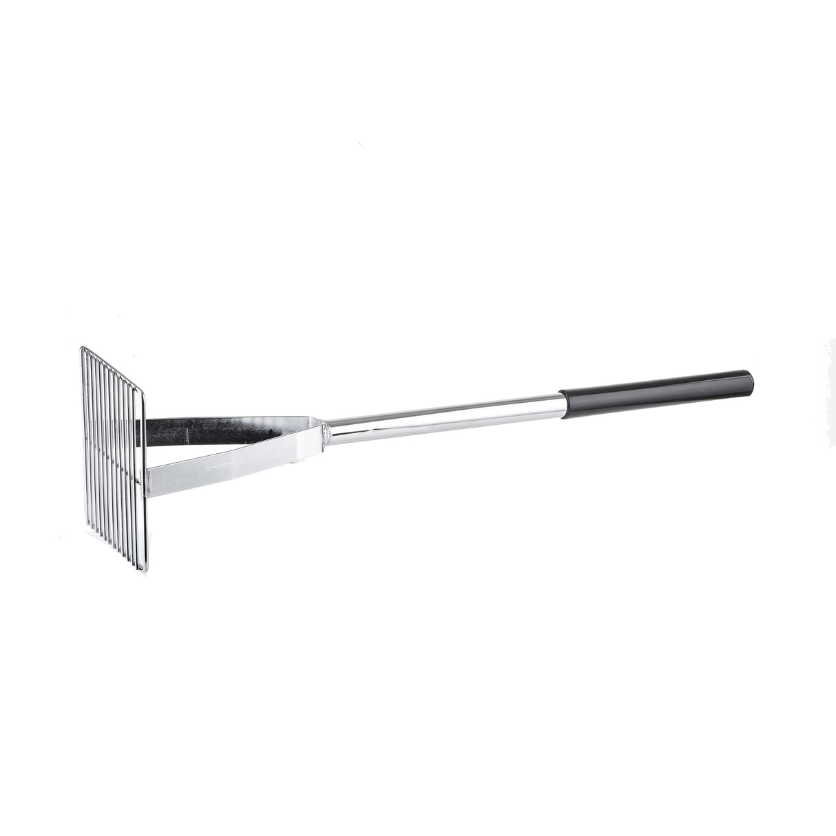 A metal grill scraper with a rectangular wire grid head and a long, chrome plated handle, partially covered by a black, non-slip grip at the end. The tool is designed for cleaning barbecue grills. The background is plain white.