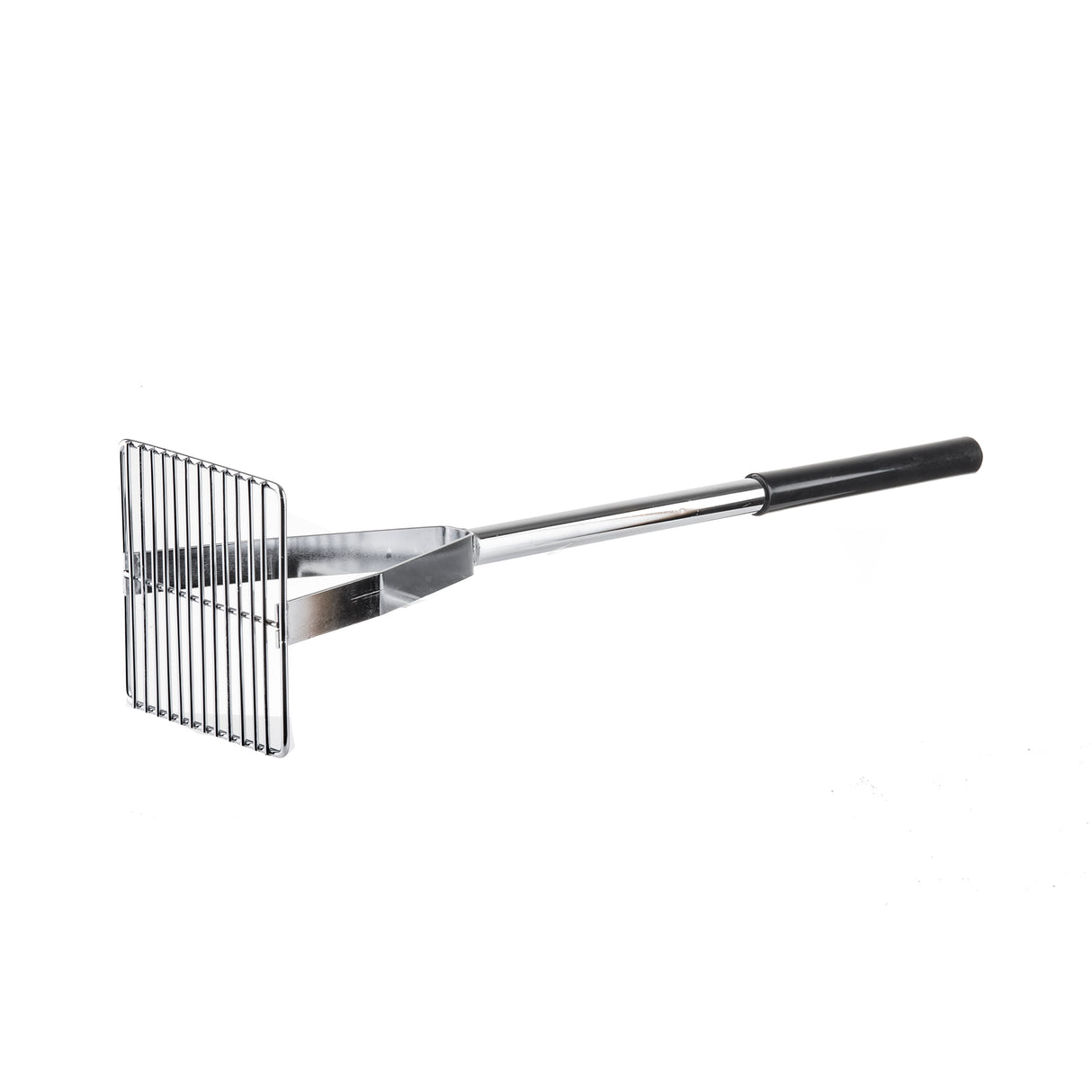 A metal grill scraper with a flat rectangular head made of parallel metal bars and a cool touch handle, partly covered with black plastic for grip, is shown on a white background. The chrome plated tool appears clean and unused.
