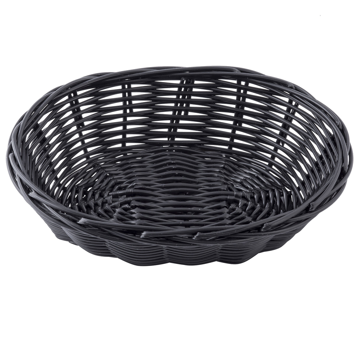 A round, empty black hand-woven polypropylene basket with an open weave pattern and slightly flared sides, shown on a plain white background.