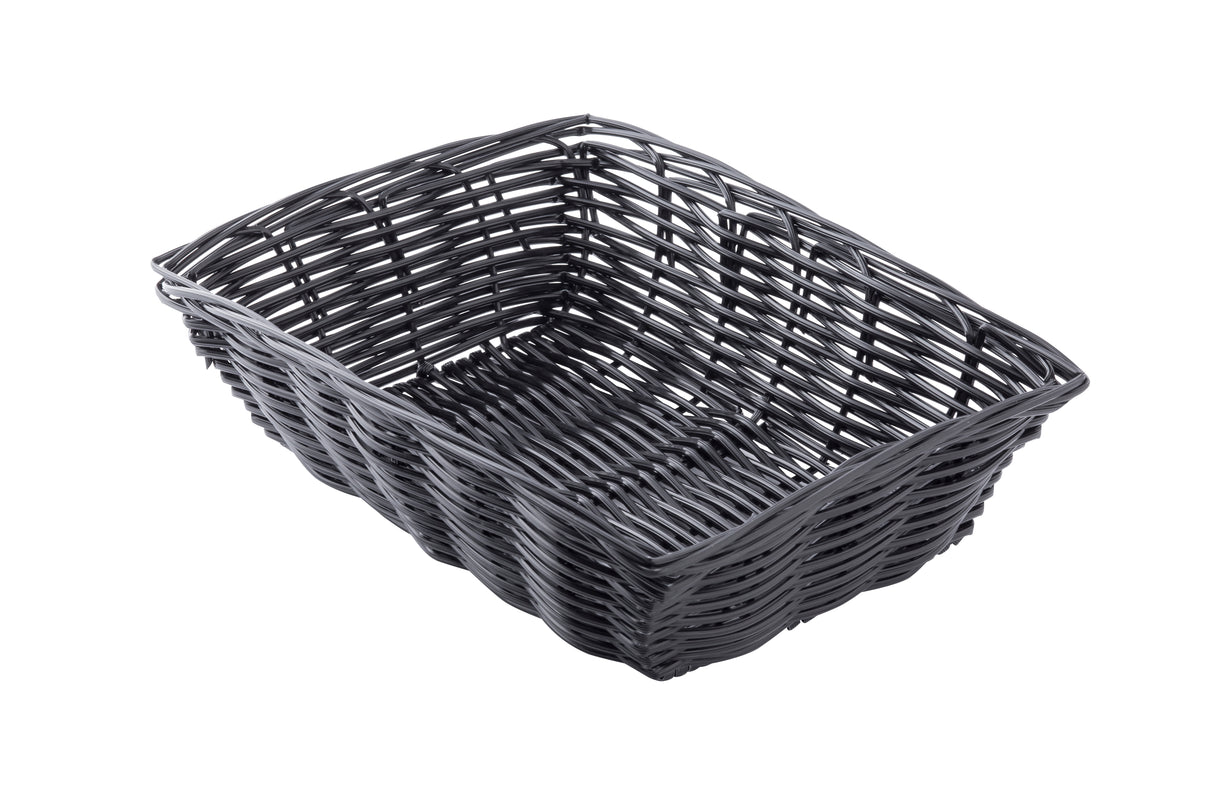A rectangular, empty, dark gray hand-woven basket with an open weave pattern is shown angled from above on a white background. The lightweight basket features slightly curved sides and appears to be crafted from polypropylene cord.