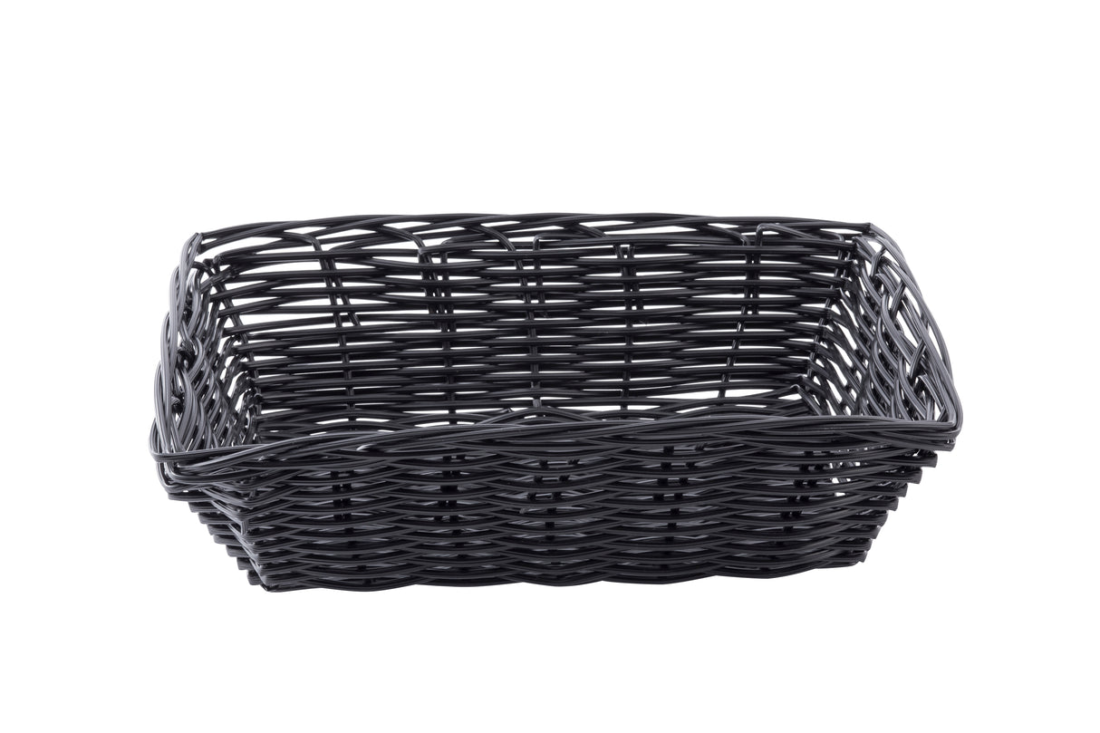 A rectangular black basket, hand-woven from durable polypropylene cord in a crisscross pattern. It features slightly flared sides and an open top, with an empty interior set against a plain white background.