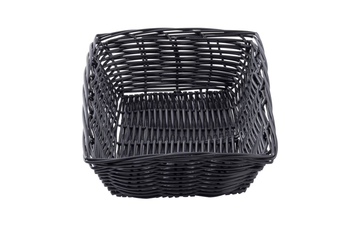 A square-shaped, empty black basket made from hand-woven polypropylene cord with a woven pattern, viewed from above on a white background. The sturdy sides and open top reveal the grid-like structure of the wicker weaving.
