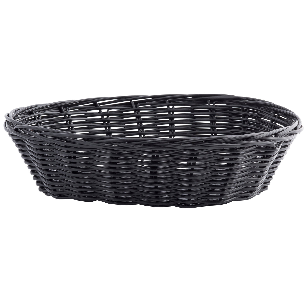A black, oval-shaped hand-woven basket with an open top and tightly woven sides and base, viewed against a plain white background. The basket has a smooth texture and no visible handles.