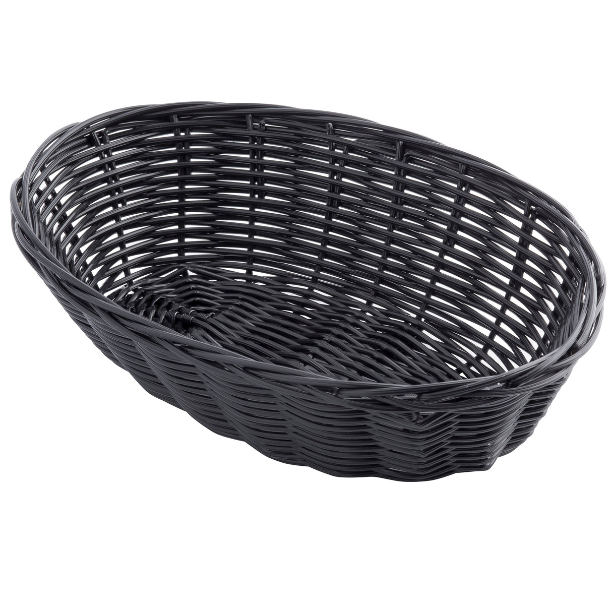 A black, oval-shaped hand-woven basket with an open weave pattern. Crafted from sturdy polypropylene, it sits empty on a white background, highlighting its simple design and smooth, glossy finish.