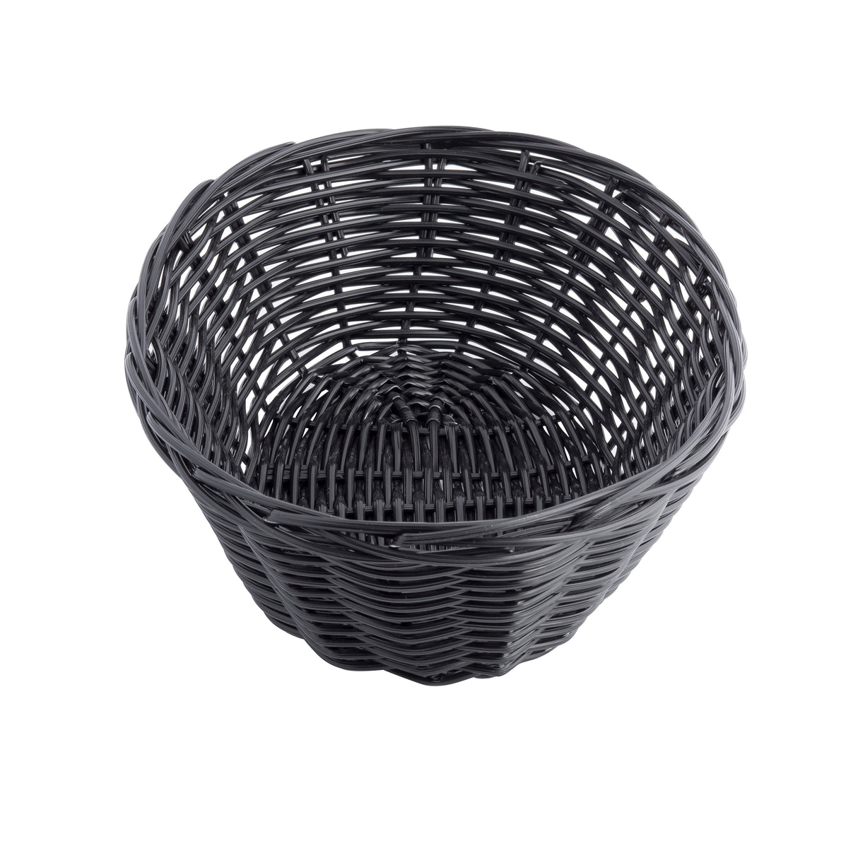 A round, empty, black hand-woven basket with a wide opening and woven pattern, set against a white background. The basket’s curved sides and interlaced texture are clearly visible.