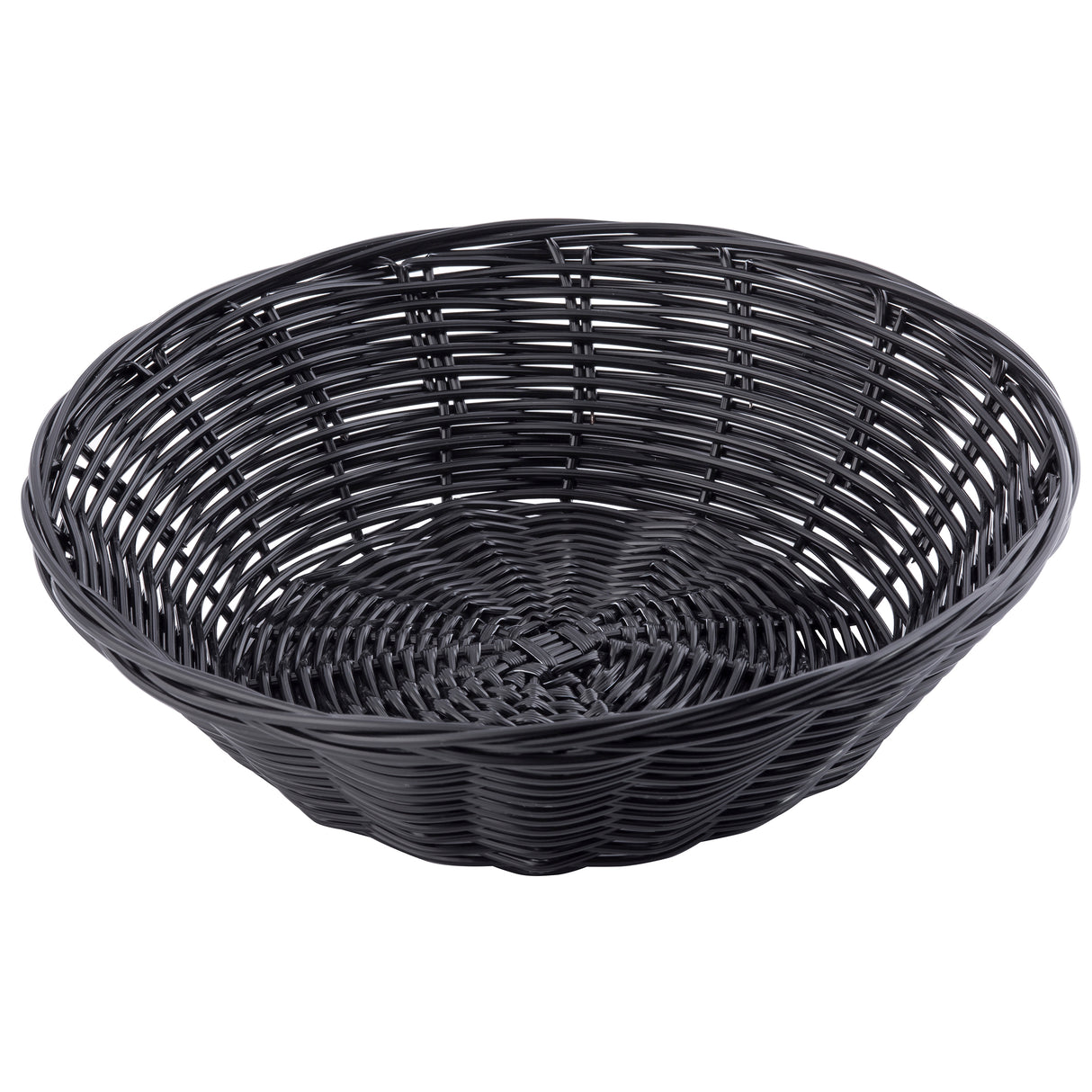 A round, empty black hand-woven basket with a wide open top and shallow depth. Made from polypropylene, it features a woven pattern with visible gaps between the strips and a tightly woven base. The background is plain white.