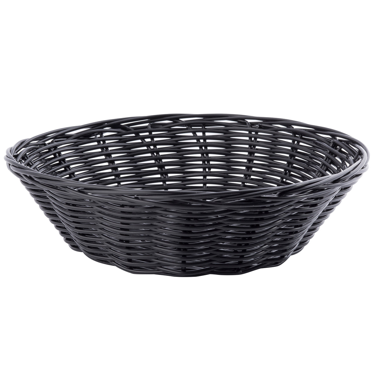 A black, round hand-woven wicker basket with an open weave pattern and slightly flared sides, shown empty against a white background. The basket’s texture and interlaced strands are clearly visible.
