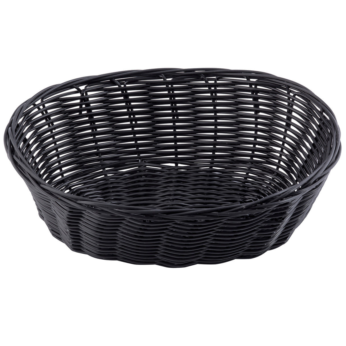 A round, shallow, black hand-woven basket with an open weave pattern. Made from durable polypropylene, it features a wide rim and gently sloping sides. The basket is empty and set against a plain white background.