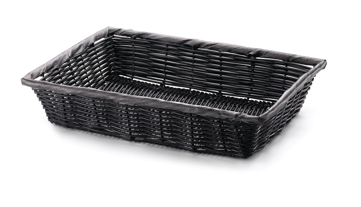A rectangular, black hand-woven basket with an open top, crafted from durable polypropylene. It features tightly woven sides and a sturdy rim for support. Photographed on a white background, its simple style makes it functional and versatile.