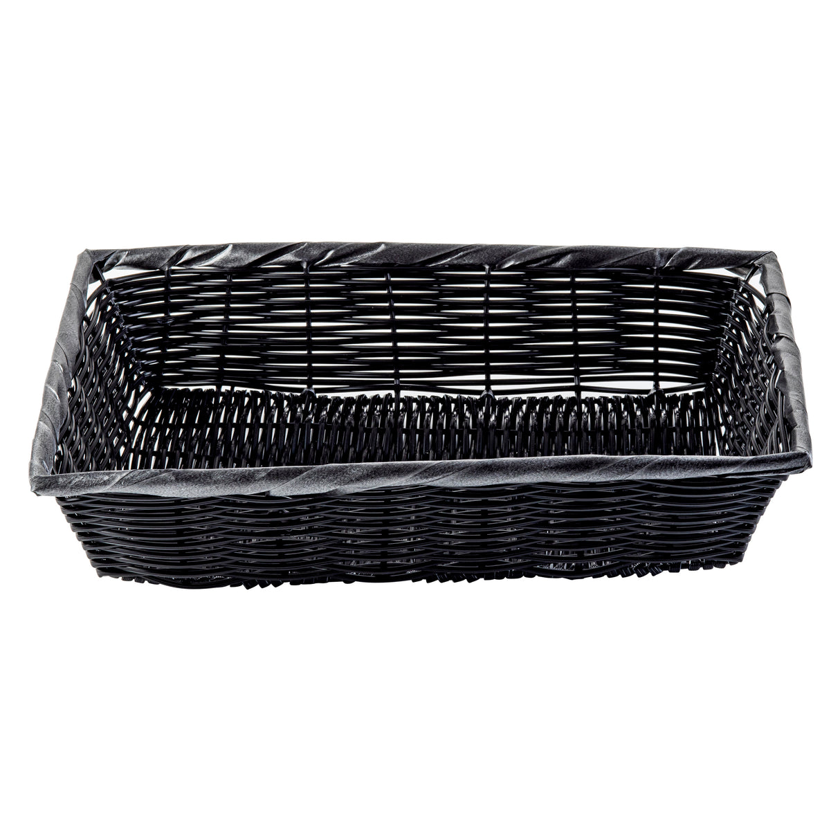A rectangular, black polypropylene basket with a smooth, tightly hand-woven texture and slightly outward-curved sides. The rim is reinforced with a band of the same material, and the empty basket is shown against a white background.