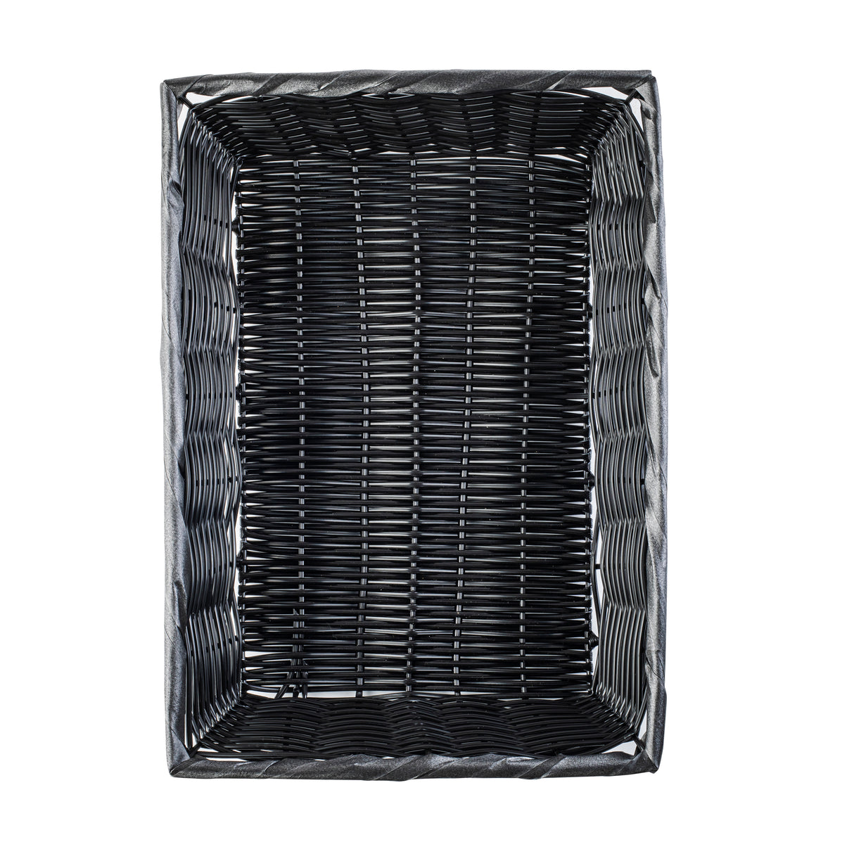 Rectangular black basket, hand-woven from durable polypropylene cord, photographed from above on a white background. Its tightly woven sides and glossy finish highlight both interior and exterior, showcasing its empty state.