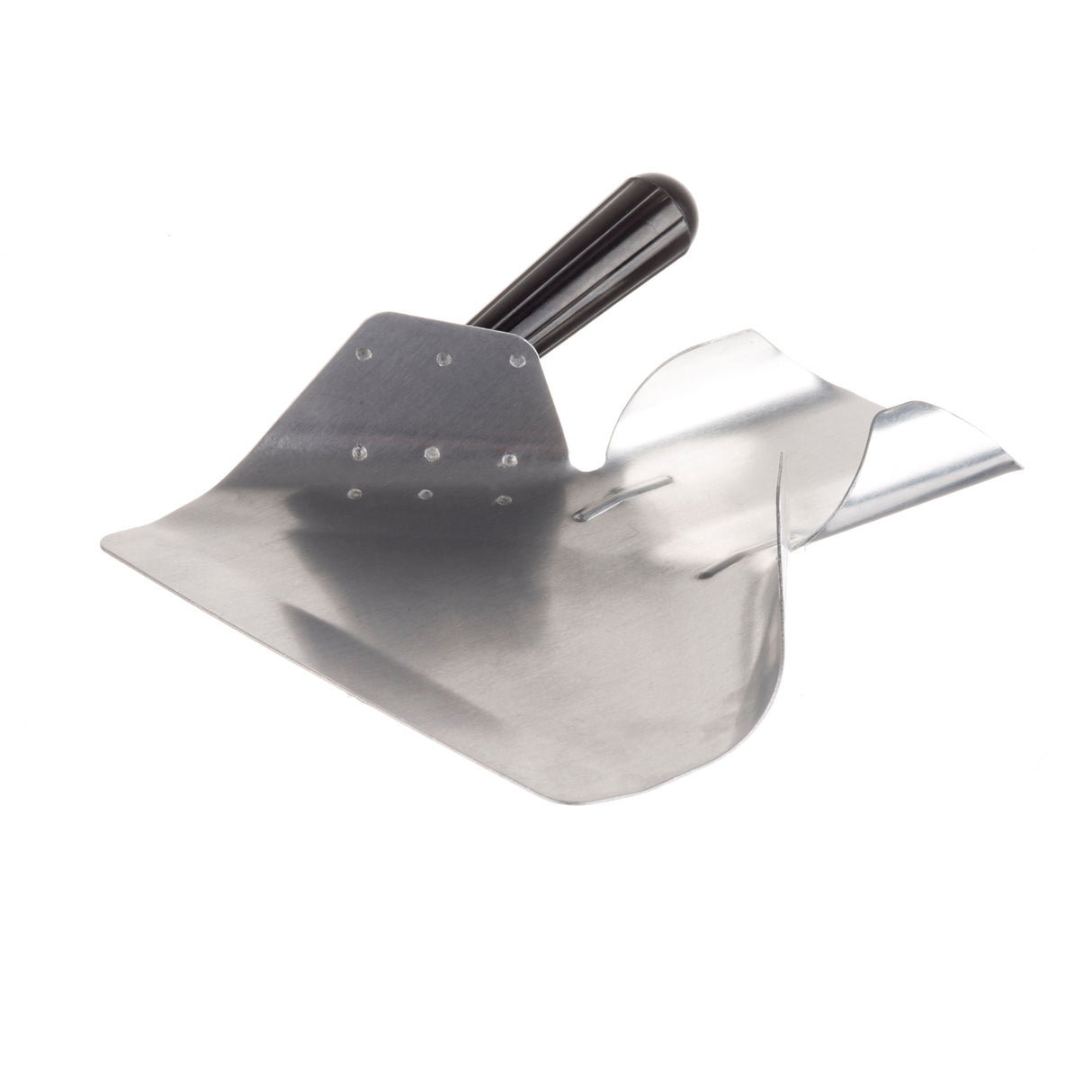 An aluminum dustpan with a black handle is shown on a white background. Its shiny surface reflects light, and the edges curve slightly upwards to hold debris. The sturdy handle is riveted for durability, similar to a French fry scoop.