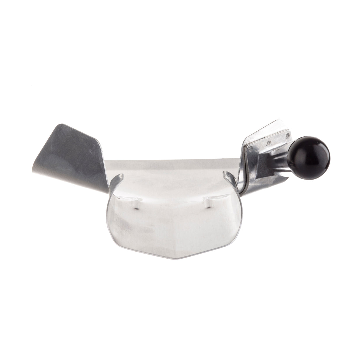 A metal handheld kitchen tool with an aluminum hexagonal base, two angled metal blades on each side, and a black knob handle, designed for slicing or cutting, shown on a white background.