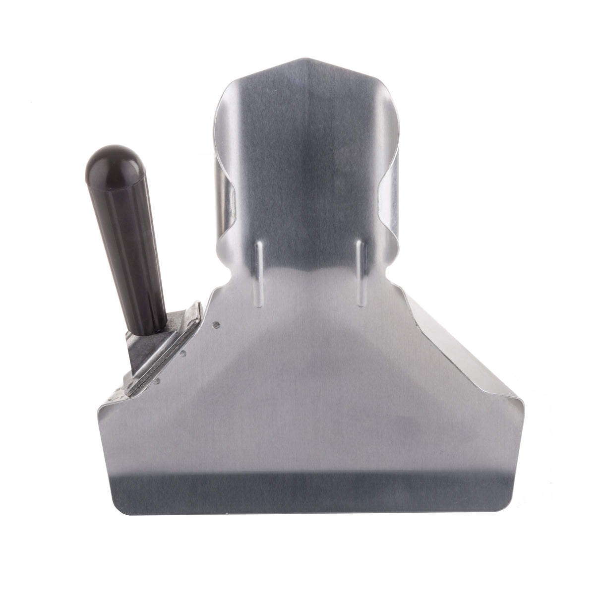 A metal French fry scoop with a shiny, angular aluminum body and a black handle on the left side. The smooth surface and clean lines enhance its utilitarian design, photographed against a plain white background.