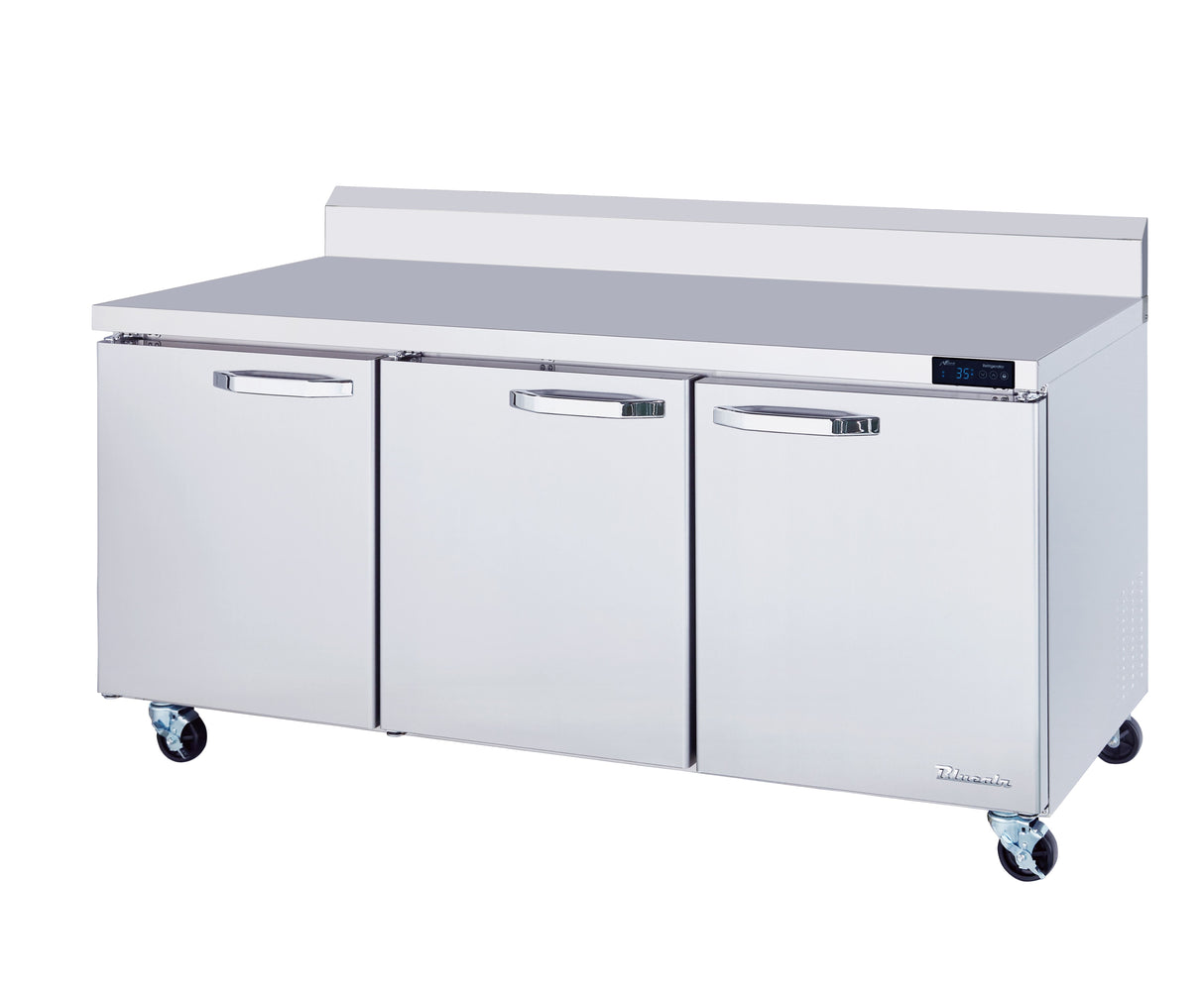 A commercial three-section stainless steel refrigerated work top with three doors, a digital temperature display on the right, sturdy handles, and four caster wheels. The flat top surface and backsplash make it ideal for any professional kitchen.