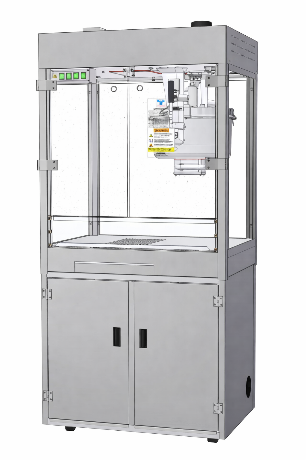 A metal industrial machine with a transparent front panel, control buttons on the top left, and a stainless steel cabinet below. Inside, the Discovery 32 oz. Popcorn Popper features a robotic arm mechanism and visible warning labels for safety.