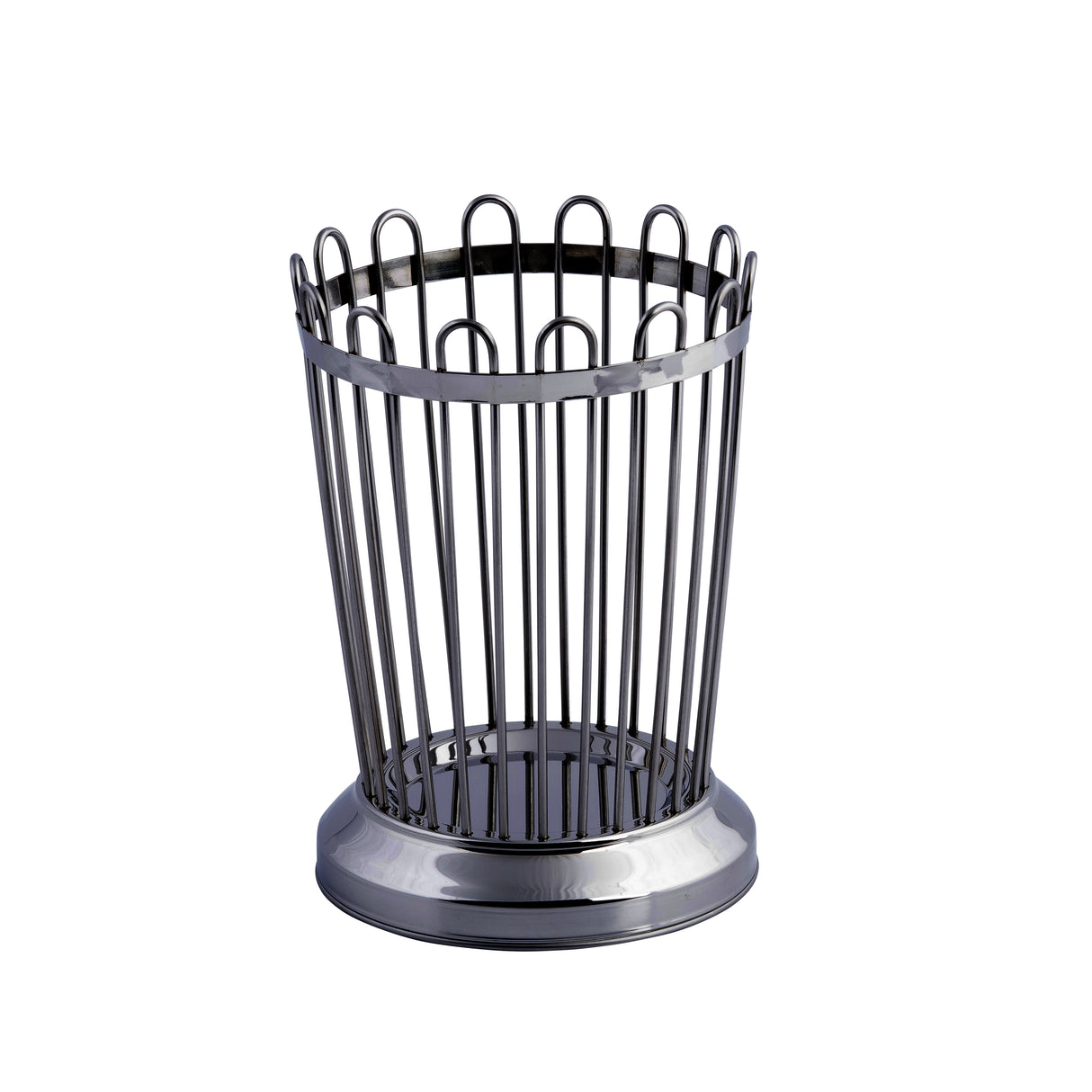 A cylindrical TableCraft bread stick holder with vertical stainless steel bars and a solid circular base. The open design has rounded wire tops and a shiny, reflective finish, perfect for holding utensils or serving bread sticks.