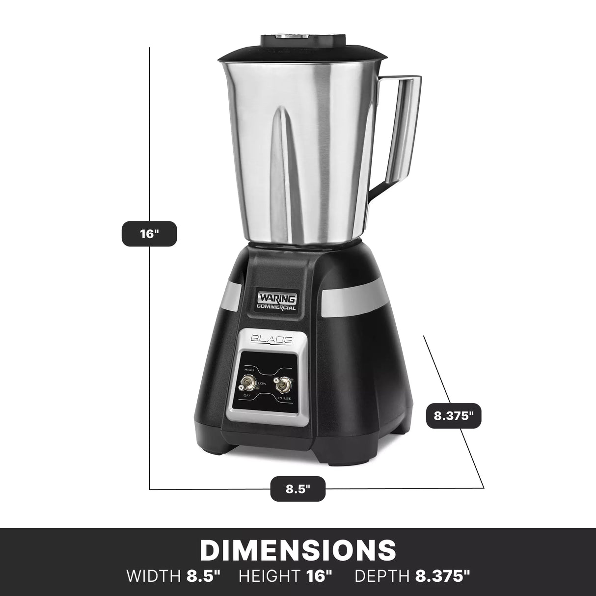A stainless steel bar blender with a black base is shown. Measurements highlight its dimensions: 8.5 inches wide, 16 inches tall, and 8.375 inches deep. The control panel has two switches, with bold text stating the dimensions at the bottom.