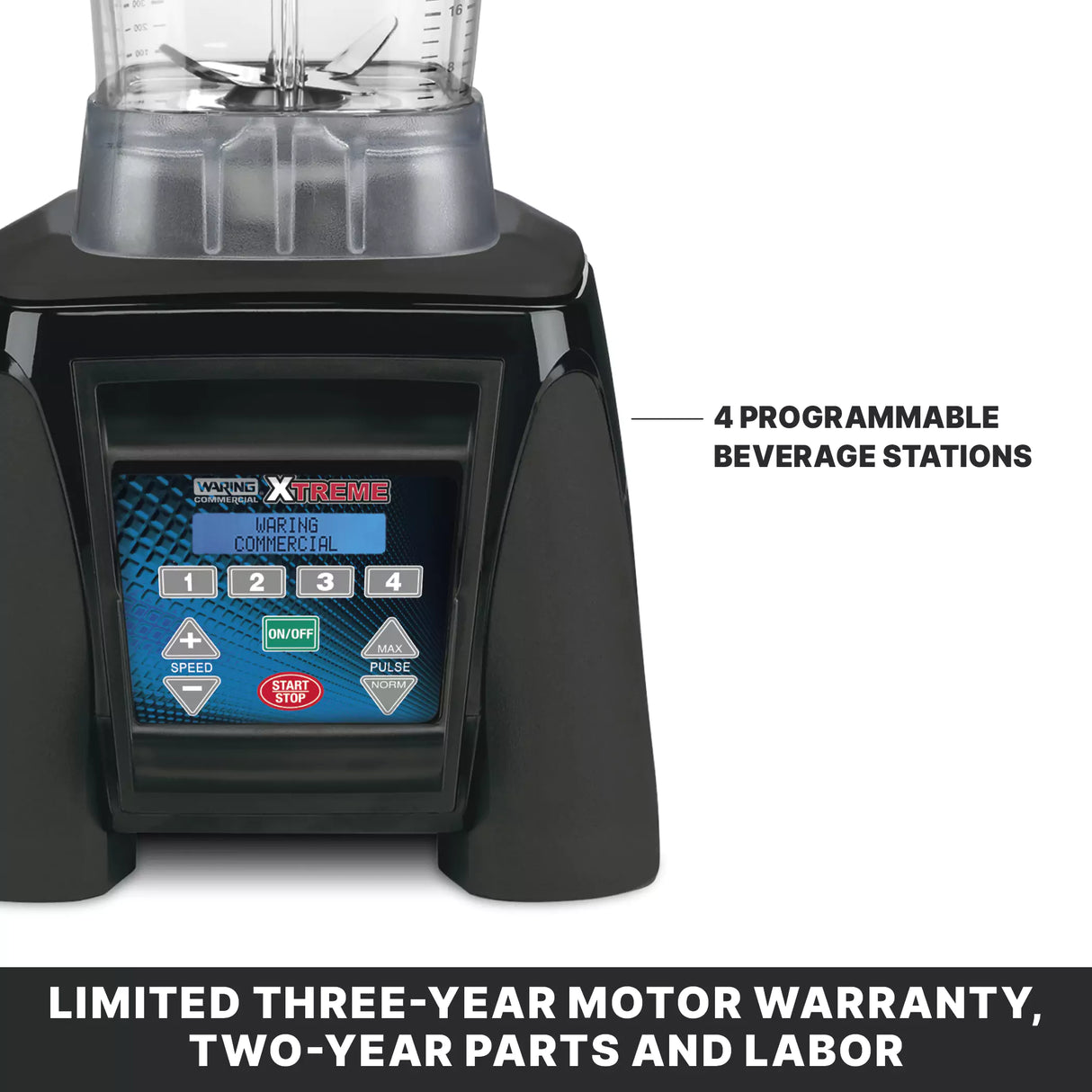 Close-up of an Xtreme Series Blender base, showcasing a digital control panel with buttons 1 to 4 for programmable beverage stations. Text below highlights a limited three-year motor warranty and two-year parts and labor on this powerful 3.5 HP blender.