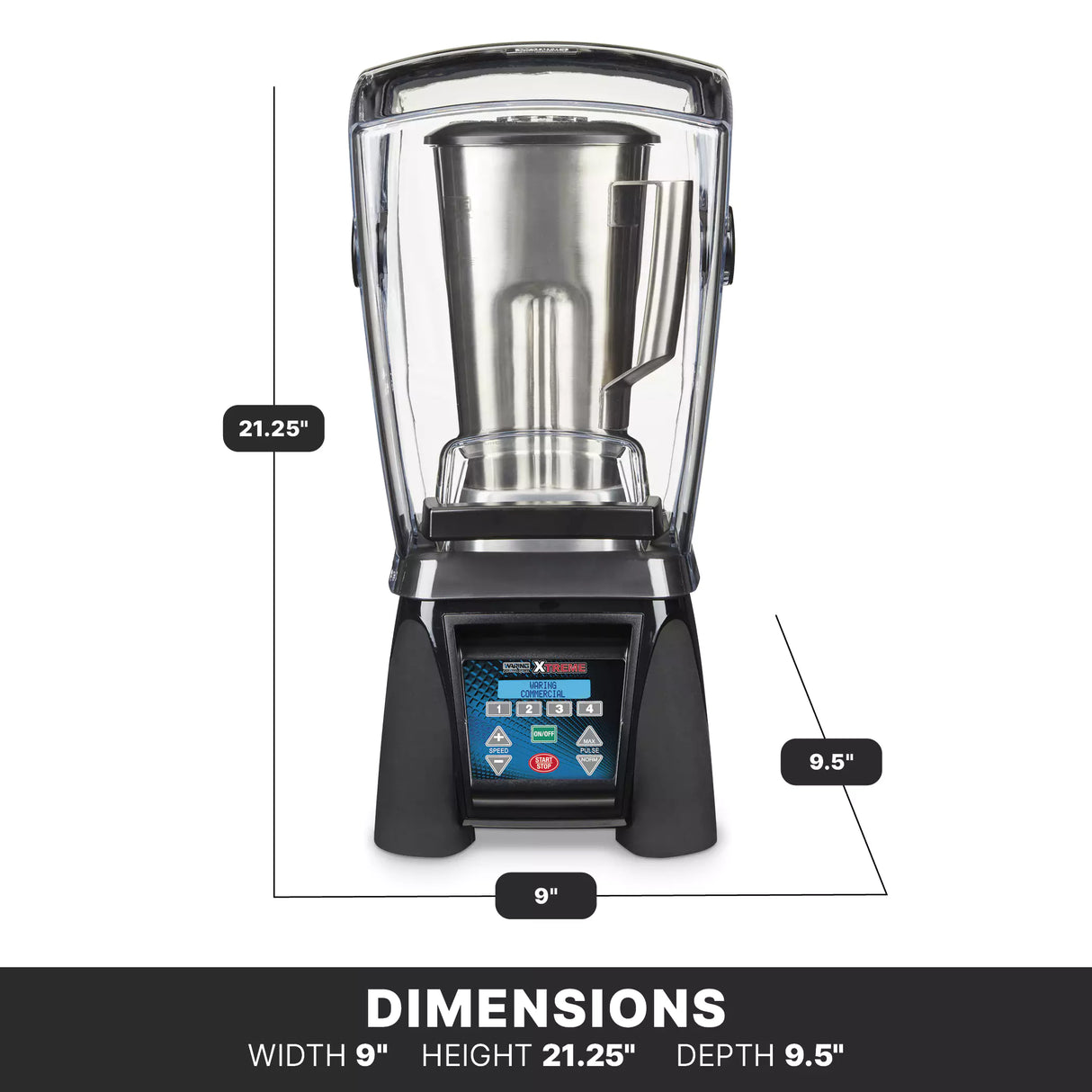 A high-power blender with a sound enclosure is shown front-facing. Measurements are marked: height 21.25, width 9, depth 9.5. The control panel features multiple buttons and a digital display. Dimensions are listed at the bottom.