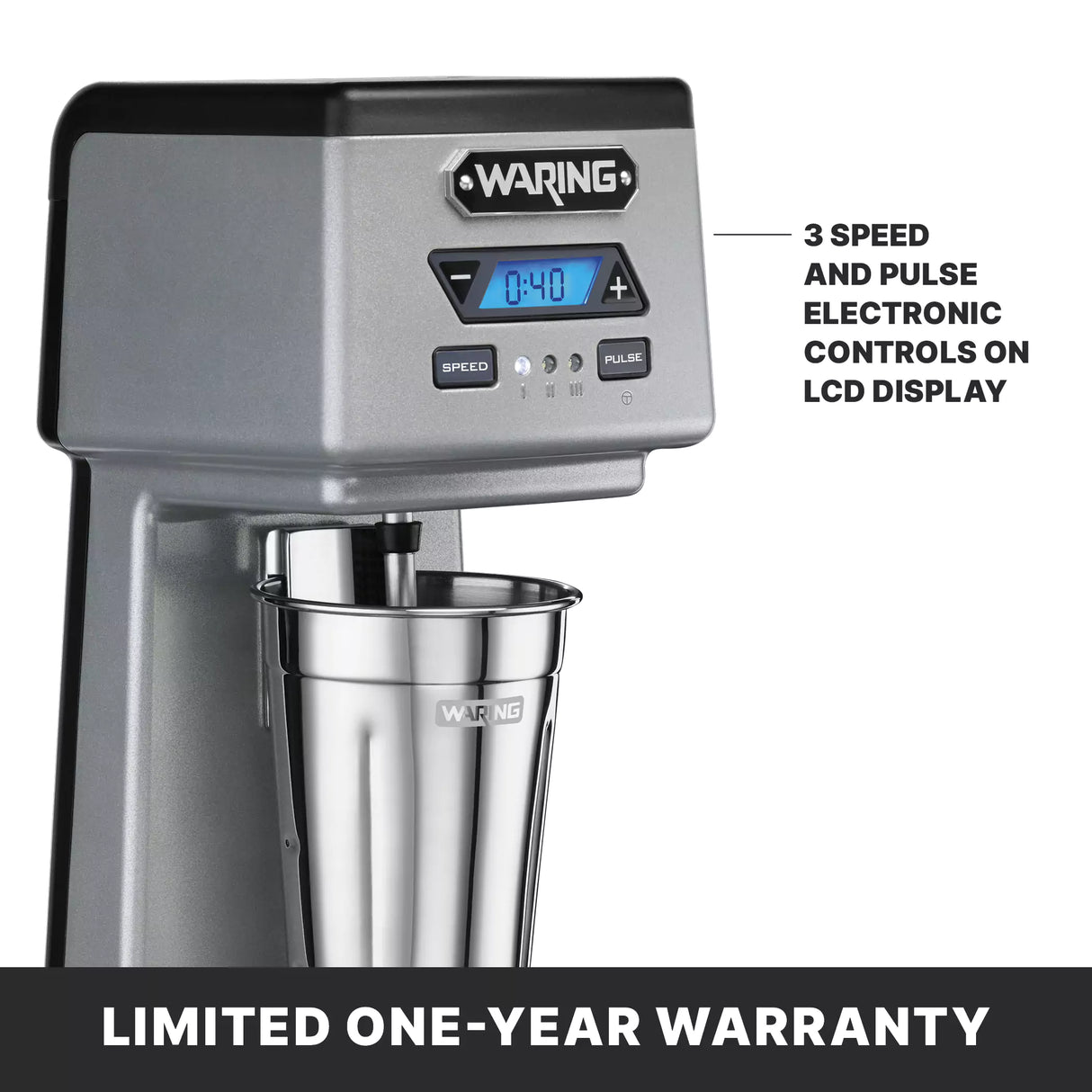 A silver Waring WDM120TX single spindle Drink Mixer with a digital LCD showing 0:40, labeled speed and pulse controls, and a metal mixing cup. Text highlights “3 speed and pulse electronic controls.” Black bar notes “Limited one-year warranty.”.