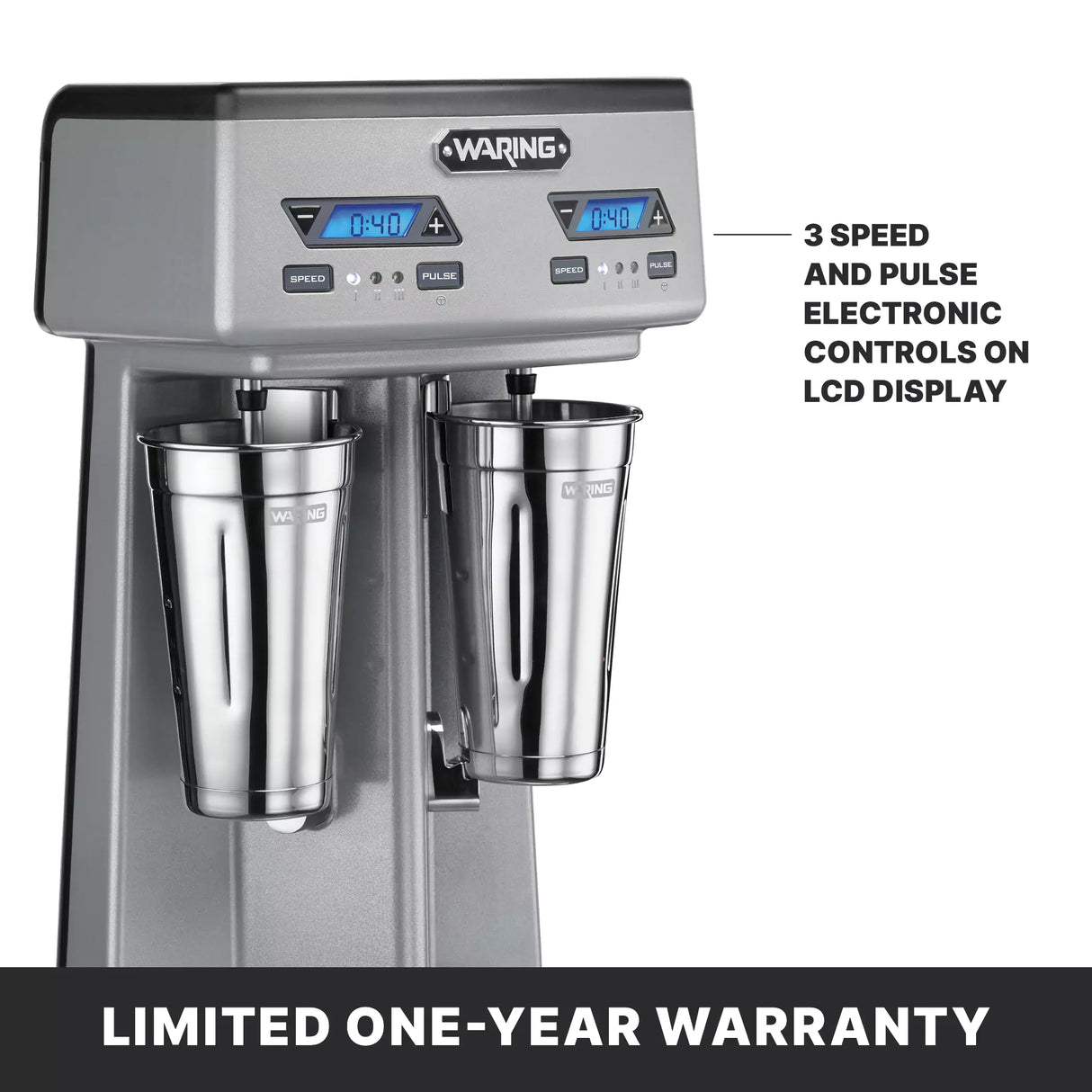 A silver Waring double spindle drink mixer with two metal cups and blue LCD displays. Buttons for speed and pulse are visible. Text highlights 3 speed and pulse electronic controls on the screen. Banner at the bottom reads, Limited one-year warranty.